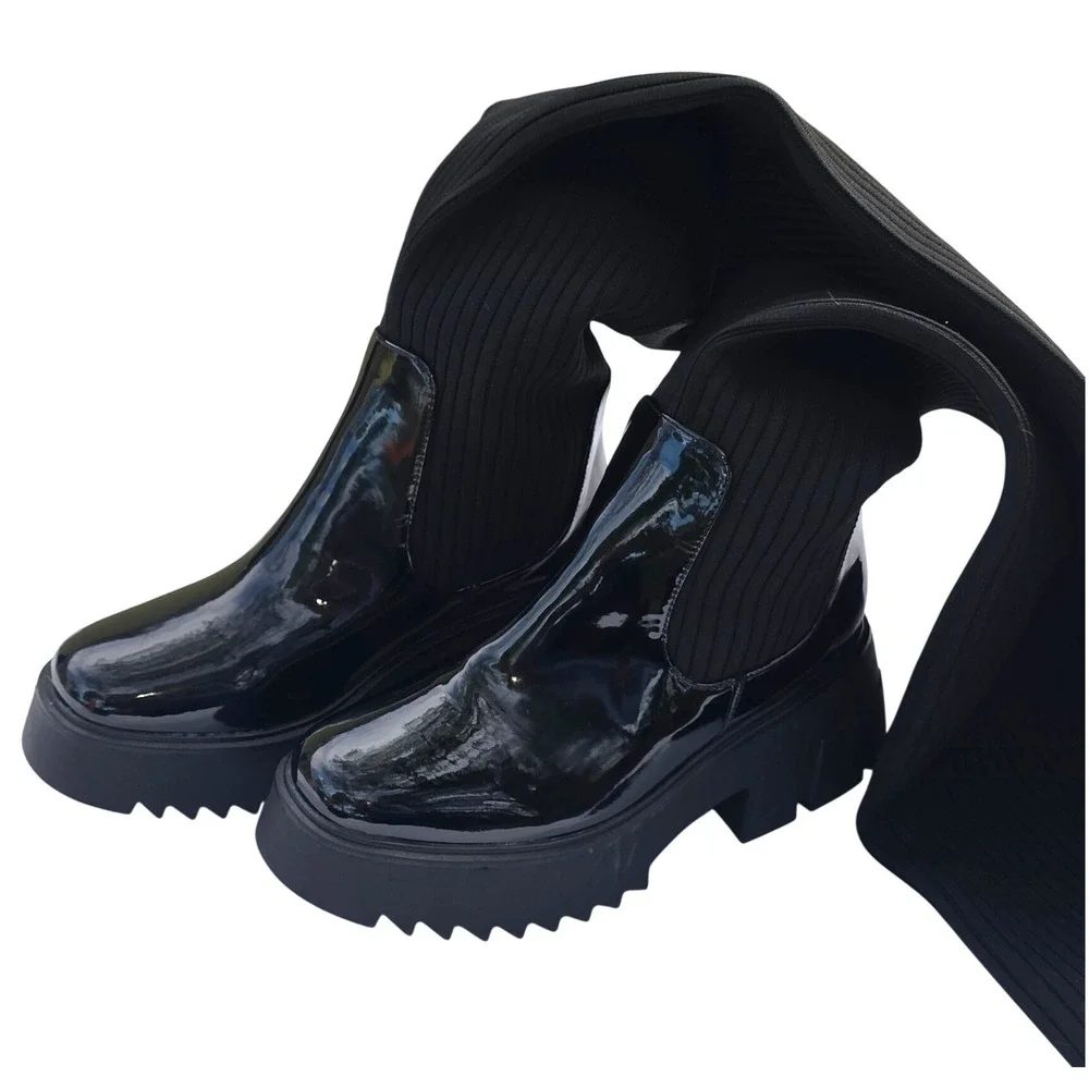 Fashion Figure Nadia‎ Lug Sole Thigh High Boots Women 9 Black Patent Rib